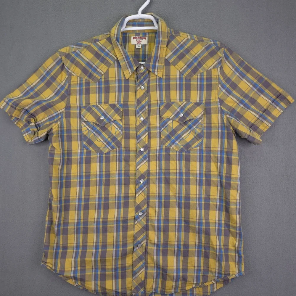 True Religion Shirt Mens XL Western Pearl Snap Plaid Yellow Blue Short Sleeve XL